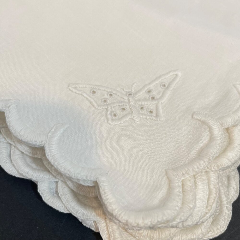White Handkerchief With Scalloped Edges & Embroidered Butterfly Design 12"x12" L
